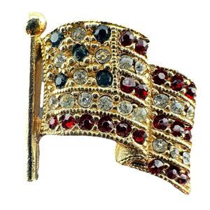 American USA Flag Tie Lapel Pin Red White Blue Crystal Rhinestones signed Napier